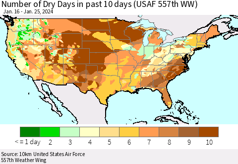 United States Number of Dry Days in past 10 days (USAF 557th WW) Thematic Map For 1/21/2024 - 1/25/2024