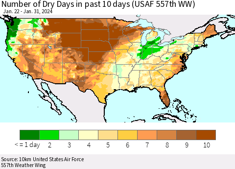 United States Number of Dry Days in past 10 days (USAF 557th WW) Thematic Map For 1/26/2024 - 1/31/2024