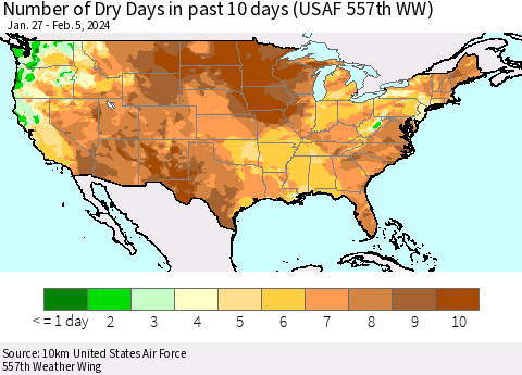 United States Number of Dry Days in past 10 days (USAF 557th WW) Thematic Map For 2/1/2024 - 2/5/2024