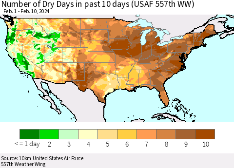 United States Number of Dry Days in past 10 days (USAF 557th WW) Thematic Map For 2/6/2024 - 2/10/2024