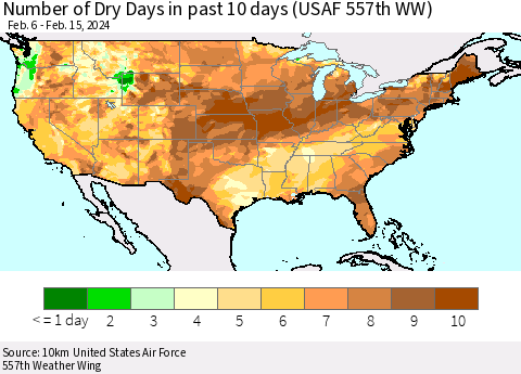 United States Number of Dry Days in past 10 days (USAF 557th WW) Thematic Map For 2/11/2024 - 2/15/2024