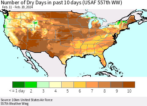 United States Number of Dry Days in past 10 days (USAF 557th WW) Thematic Map For 2/16/2024 - 2/20/2024