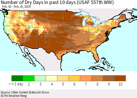 United States Number of Dry Days in past 10 days (USAF 557th WW) Thematic Map For 2/21/2024 - 2/25/2024
