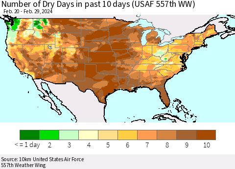 United States Number of Dry Days in past 10 days (USAF 557th WW) Thematic Map For 2/26/2024 - 2/29/2024