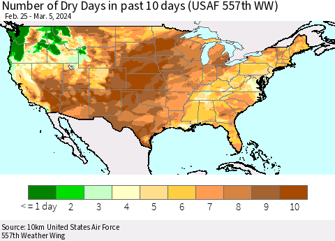 United States Number of Dry Days in past 10 days (USAF 557th WW) Thematic Map For 3/1/2024 - 3/5/2024
