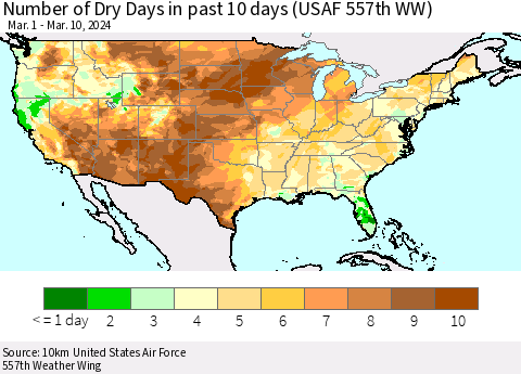 United States Number of Dry Days in past 10 days (USAF 557th WW) Thematic Map For 3/6/2024 - 3/10/2024