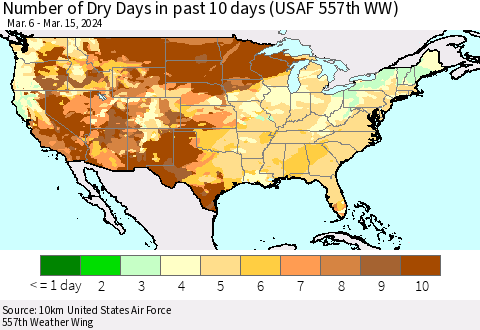 United States Number of Dry Days in past 10 days (USAF 557th WW) Thematic Map For 3/11/2024 - 3/15/2024