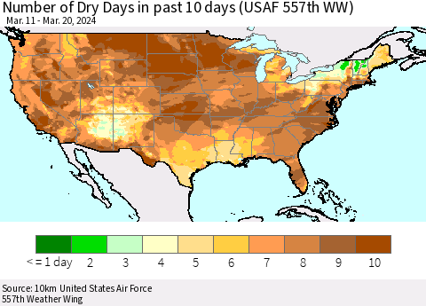 United States Number of Dry Days in past 10 days (USAF 557th WW) Thematic Map For 3/16/2024 - 3/20/2024