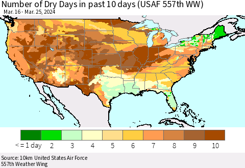 United States Number of Dry Days in past 10 days (USAF 557th WW) Thematic Map For 3/21/2024 - 3/25/2024