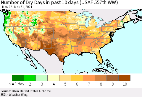 United States Number of Dry Days in past 10 days (USAF 557th WW) Thematic Map For 3/26/2024 - 3/31/2024