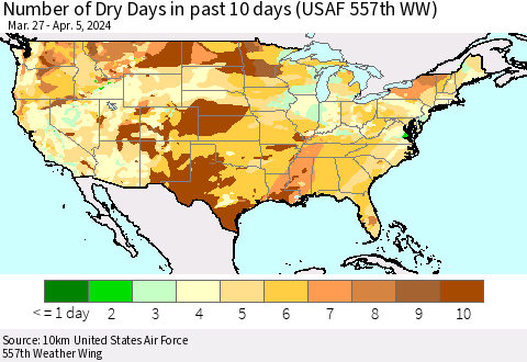United States Number of Dry Days in past 10 days (USAF 557th WW) Thematic Map For 4/1/2024 - 4/5/2024