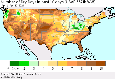 United States Number of Dry Days in past 10 days (USAF 557th WW) Thematic Map For 4/6/2024 - 4/10/2024