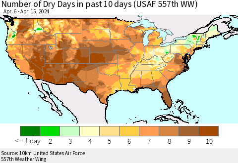 United States Number of Dry Days in past 10 days (USAF 557th WW) Thematic Map For 4/11/2024 - 4/15/2024