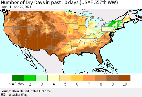 United States Number of Dry Days in past 10 days (USAF 557th WW) Thematic Map For 4/16/2024 - 4/20/2024