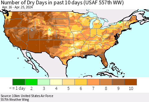 United States Number of Dry Days in past 10 days (USAF 557th WW) Thematic Map For 4/21/2024 - 4/25/2024
