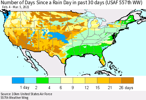United States Number of Days Since a Rain Day in past 30 days (USAF 557th WW) Thematic Map For 3/1/2021 - 3/5/2021