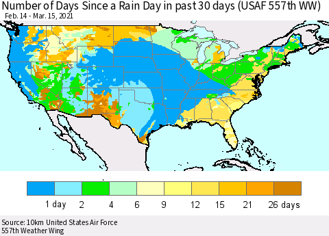United States Number of Days Since a Rain Day in past 30 days (USAF 557th WW) Thematic Map For 3/11/2021 - 3/15/2021