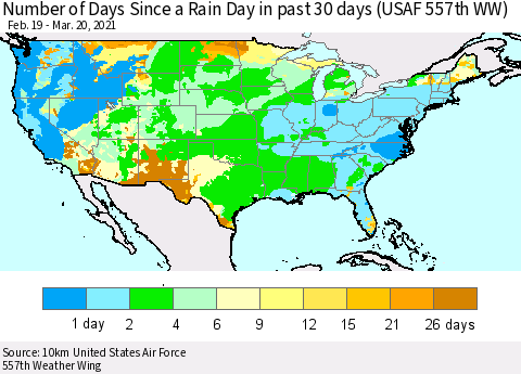 United States Number of Days Since a Rain Day in past 30 days (USAF 557th WW) Thematic Map For 3/16/2021 - 3/20/2021