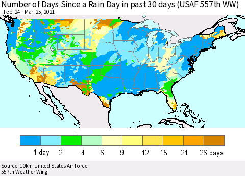 United States Number of Days Since a Rain Day in past 30 days (USAF 557th WW) Thematic Map For 3/21/2021 - 3/25/2021