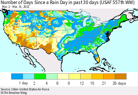 United States Number of Days Since a Rain Day in past 30 days (USAF 557th WW) Thematic Map For 3/26/2021 - 3/31/2021
