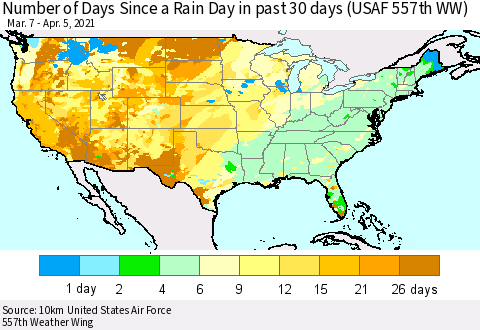 United States Number of Days Since a Rain Day in past 30 days (USAF 557th WW) Thematic Map For 4/1/2021 - 4/5/2021