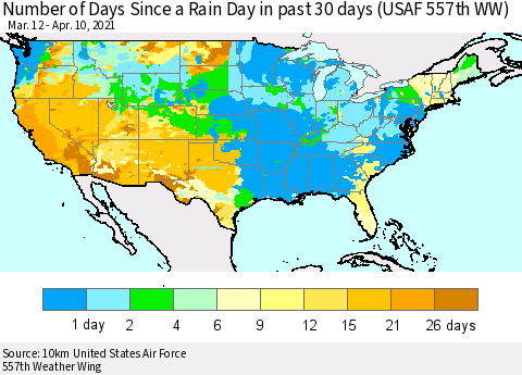 United States Number of Days Since a Rain Day in past 30 days (USAF 557th WW) Thematic Map For 4/6/2021 - 4/10/2021
