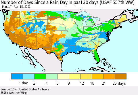 United States Number of Days Since a Rain Day in past 30 days (USAF 557th WW) Thematic Map For 4/11/2021 - 4/15/2021