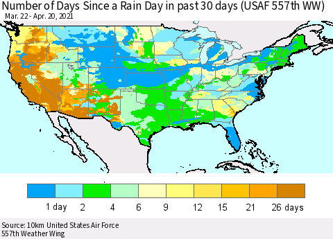 United States Number of Days Since a Rain Day in past 30 days (USAF 557th WW) Thematic Map For 4/16/2021 - 4/20/2021