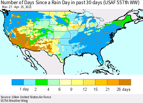 United States Number of Days Since a Rain Day in past 30 days (USAF 557th WW) Thematic Map For 4/21/2021 - 4/25/2021