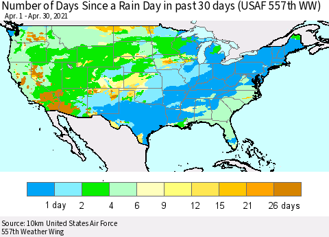 United States Number of Days Since a Rain Day in past 30 days (USAF 557th WW) Thematic Map For 4/26/2021 - 4/30/2021