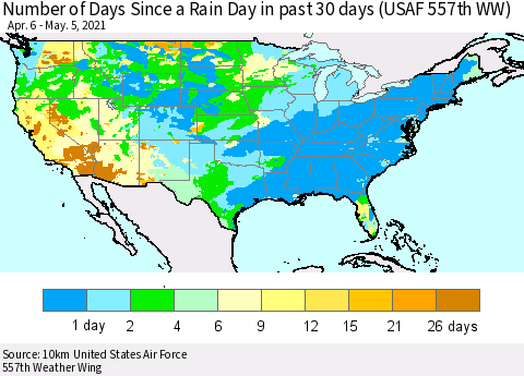 United States Number of Days Since a Rain Day in past 30 days (USAF 557th WW) Thematic Map For 5/1/2021 - 5/5/2021