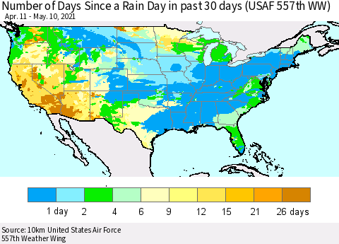 United States Number of Days Since a Rain Day in past 30 days (USAF 557th WW) Thematic Map For 5/6/2021 - 5/10/2021