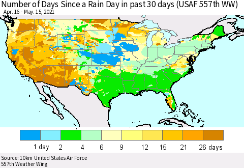 United States Number of Days Since a Rain Day in past 30 days (USAF 557th WW) Thematic Map For 5/11/2021 - 5/15/2021