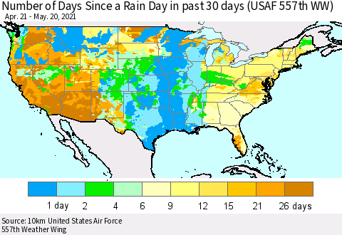 United States Number of Days Since a Rain Day in past 30 days (USAF 557th WW) Thematic Map For 5/16/2021 - 5/20/2021