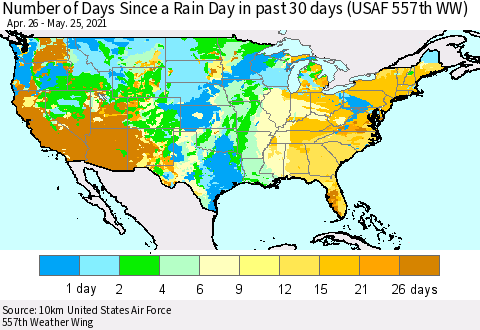 United States Number of Days Since a Rain Day in past 30 days (USAF 557th WW) Thematic Map For 5/21/2021 - 5/25/2021