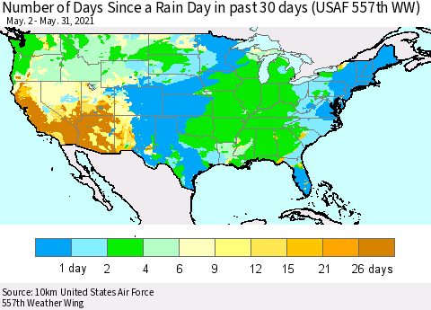 United States Number of Days Since a Rain Day in past 30 days (USAF 557th WW) Thematic Map For 5/26/2021 - 5/31/2021