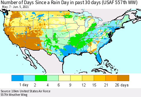 United States Number of Days Since a Rain Day in past 30 days (USAF 557th WW) Thematic Map For 6/1/2021 - 6/5/2021