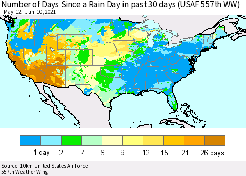 United States Number of Days Since a Rain Day in past 30 days (USAF 557th WW) Thematic Map For 6/6/2021 - 6/10/2021
