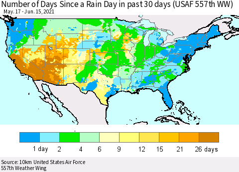 United States Number of Days Since a Rain Day in past 30 days (USAF 557th WW) Thematic Map For 6/11/2021 - 6/15/2021