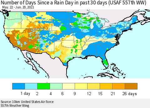 United States Number of Days Since a Rain Day in past 30 days (USAF 557th WW) Thematic Map For 6/16/2021 - 6/20/2021