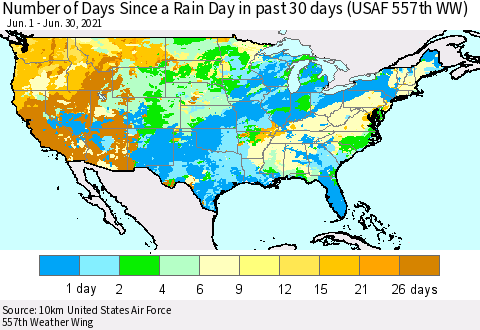 United States Number of Days Since a Rain Day in past 30 days (USAF 557th WW) Thematic Map For 6/26/2021 - 6/30/2021