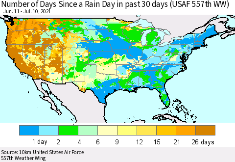 United States Number of Days Since a Rain Day in past 30 days (USAF 557th WW) Thematic Map For 7/6/2021 - 7/10/2021