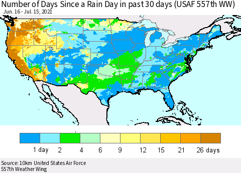 United States Number of Days Since a Rain Day in past 30 days (USAF 557th WW) Thematic Map For 7/11/2021 - 7/15/2021