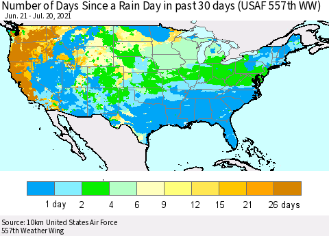 United States Number of Days Since a Rain Day in past 30 days (USAF 557th WW) Thematic Map For 7/16/2021 - 7/20/2021