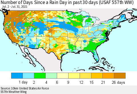 United States Number of Days Since a Rain Day in past 30 days (USAF 557th WW) Thematic Map For 7/26/2021 - 7/31/2021