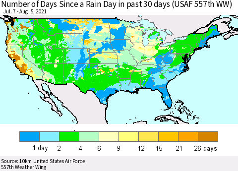 United States Number of Days Since a Rain Day in past 30 days (USAF 557th WW) Thematic Map For 8/1/2021 - 8/5/2021