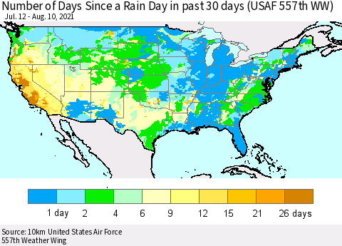 United States Number of Days Since a Rain Day in past 30 days (USAF 557th WW) Thematic Map For 8/6/2021 - 8/10/2021