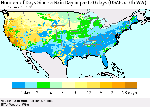 United States Number of Days Since a Rain Day in past 30 days (USAF 557th WW) Thematic Map For 8/11/2021 - 8/15/2021