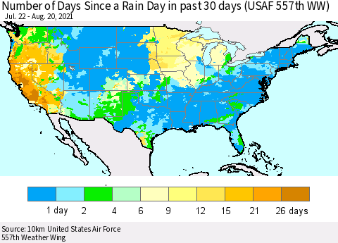 United States Number of Days Since a Rain Day in past 30 days (USAF 557th WW) Thematic Map For 8/16/2021 - 8/20/2021