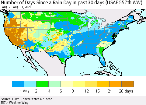 United States Number of Days Since a Rain Day in past 30 days (USAF 557th WW) Thematic Map For 8/26/2021 - 8/31/2021